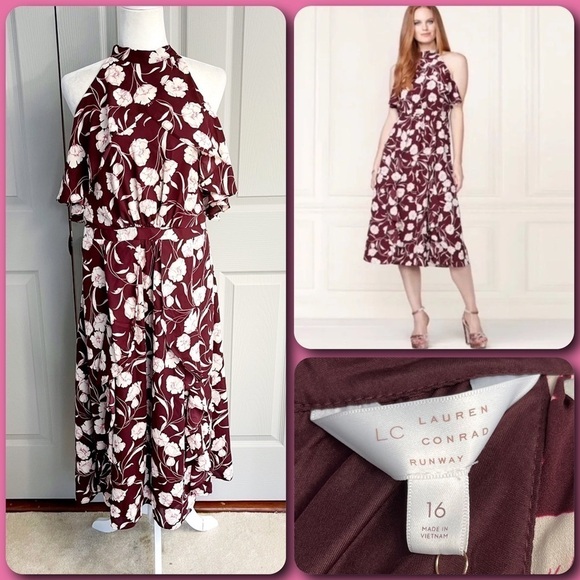 Lauren Conrad Maroon & White Floral Halter Sleeveless Maxi Dress - 16 - Picture 1 of 11